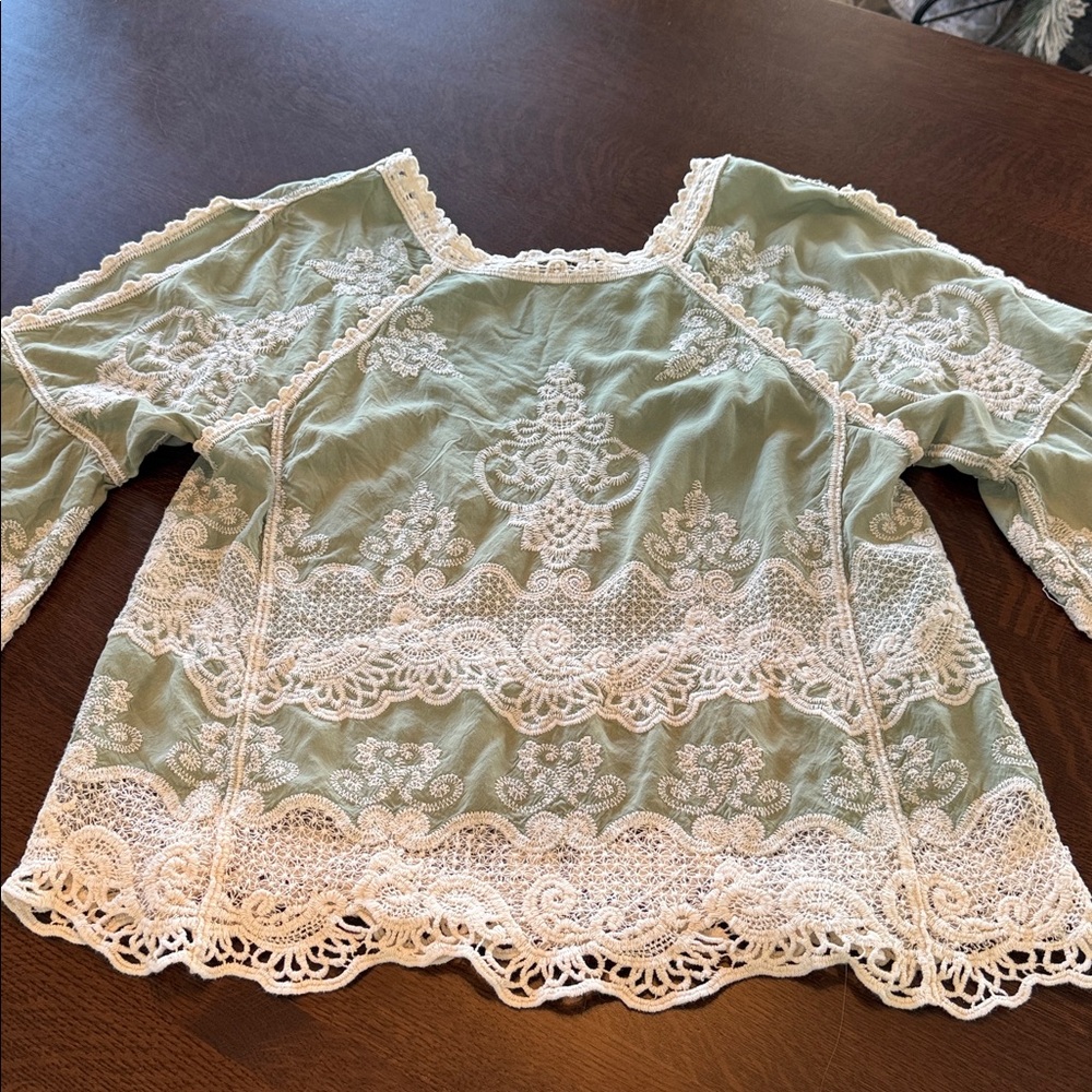 Democracy Embroidered Top Womens Large Green Lace Crochet Boho Peasant fairycore - Picture 11 of 11
